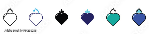 Burning Heart Flame Icon Set in Outline and Flat Vector Style