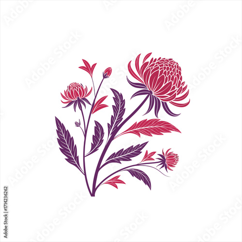 Wallpaper Mural Stylized floral illustration with chrysanthemums and leaves in red and purple Torontodigital.ca