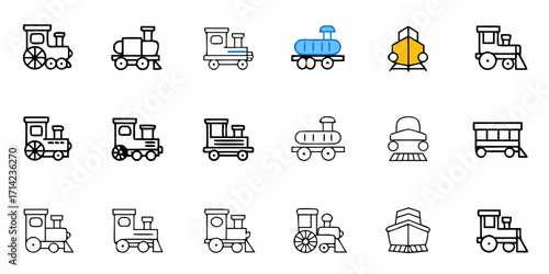 Collection of fifteen train icons in various styles and one passenger car and two boat icons displayed