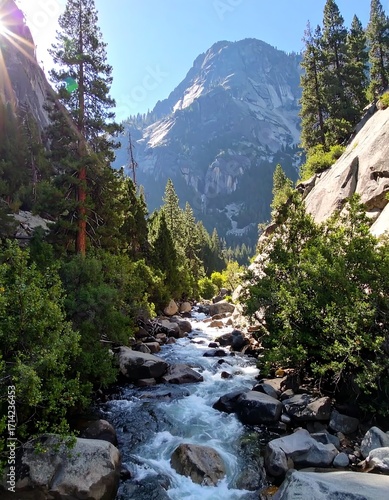 Mountain stream flowing through a lush valley