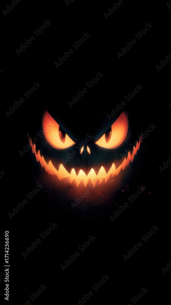 Fototapeta premium Spooky glowing pumpkin face with menacing expression in dark background during Halloween season