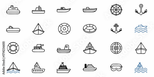 Collection of various nautical themed line art icons including boats, anchors, and life preservers