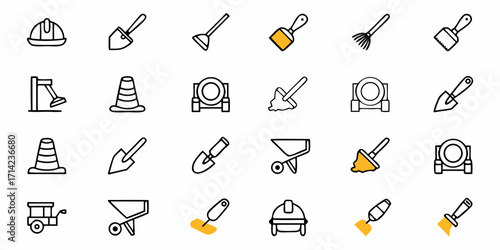 Illustration of construction equipment and tools including shovels, wheelbarrows, and safety helmets icons