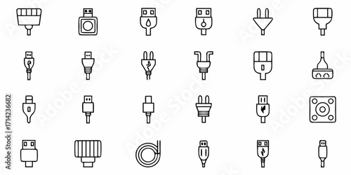 Illustration showing various type of connectors and ports in a simple line drawing style on white background