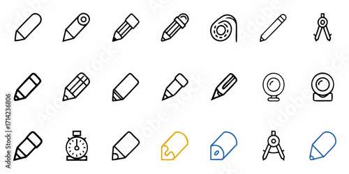 A collection of office and school supplies icons including pencils and a stopwatch in black outline