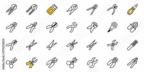 Collection of various types of pliers and cutting tools arranged in a grid pattern on a white background