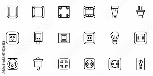 Illustration of various electrical outlets plugs and connectors in a simple outline style on a white background