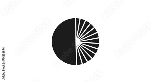 Abstract black and white circle with radial lines on one half creating a fan-like pattern.