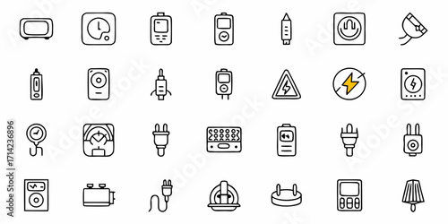 Collection of electrical components and devices in doodle style vector illustration set design elements