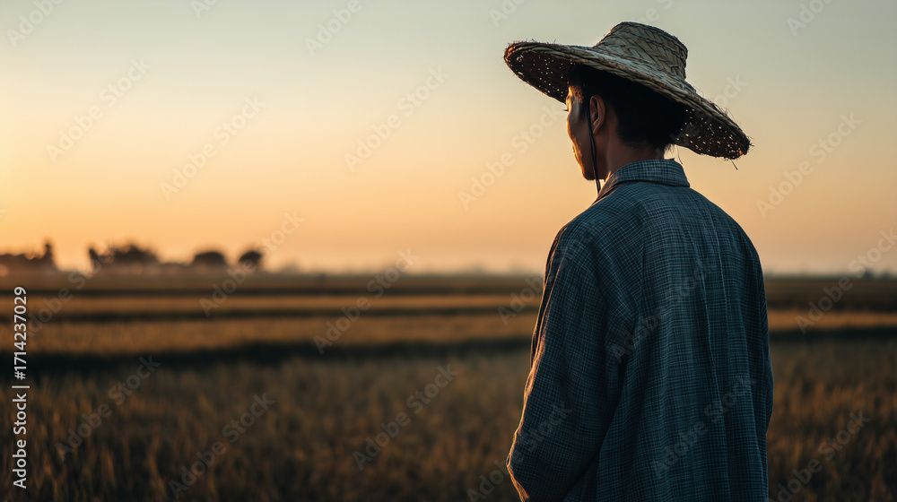 Obraz premium Farmer standing in rice field with traditional straw hat