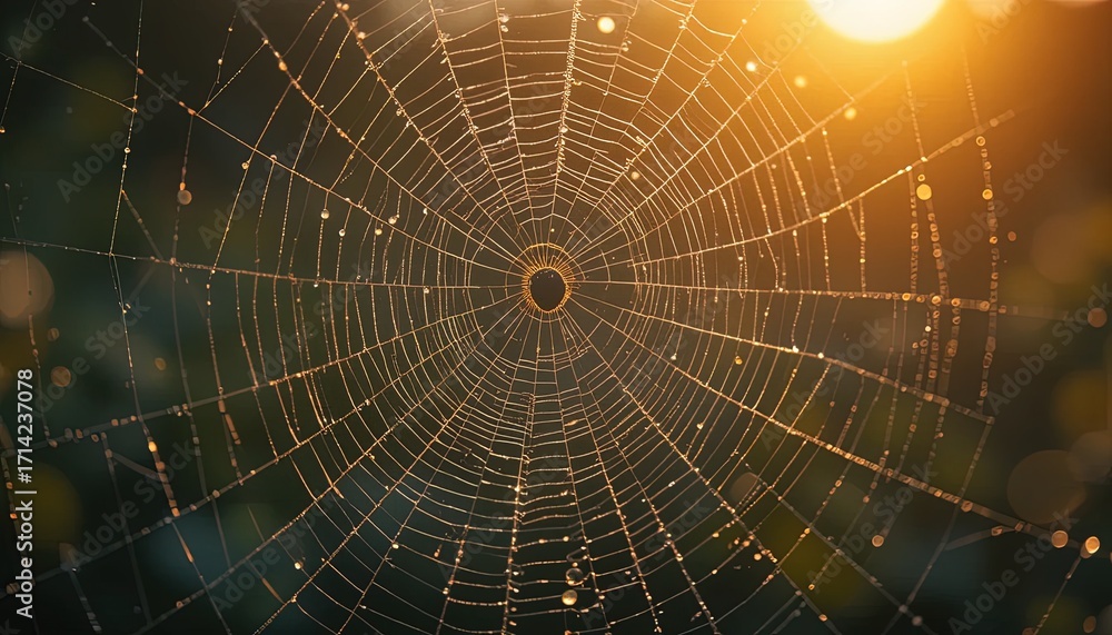 Fototapeta premium A detailed close-up of a spiderweb, adorned with glistening water droplets, set against a dark, out-of-focus background.