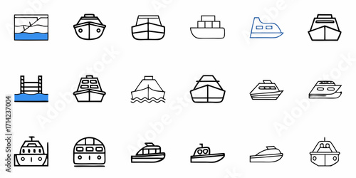 Collection of different boat icons including speedboats ferries and cargo ships in a vector format