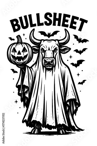 Scary black and white vector of a Bullsheet pumpkin-headed grim reaper holding a scythe, combining Halloween horror with harvest imagery
