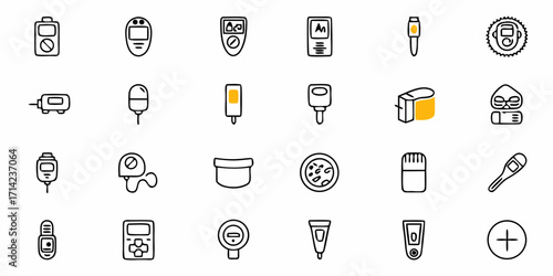 Collection of various medical devices and diagnostic tools in outline style vector icons set design