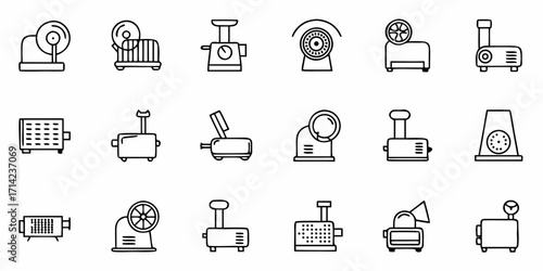 Collection of fifteen outline illustrations of various kitchen appliances and food processing equipment
