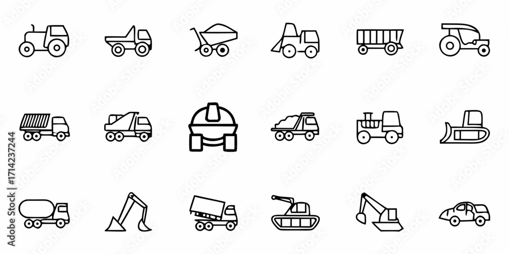 Fototapeta premium Collection of construction vehicles and farm equipment icons in a simple line drawing style illustration