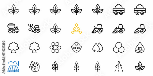 Illustration of agriculture related icons including plants, farming vehicles, and water management tools