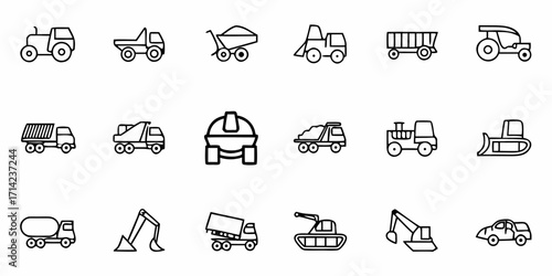 Collection of construction vehicles and farm equipment icons in a simple line drawing style illustration