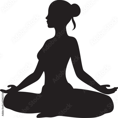 Black silhouette of woman meditating in lotus position vector illustration