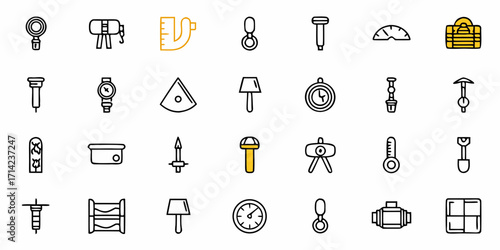 Illustration of various tools and equipment including measuring devices and construction implements displayed