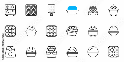 Depiction of various containers and trays with different shapes and configurations in a line art style