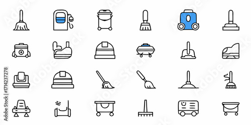 Illustration of various cleaning tools and equipment arranged in a grid like pattern on a white background