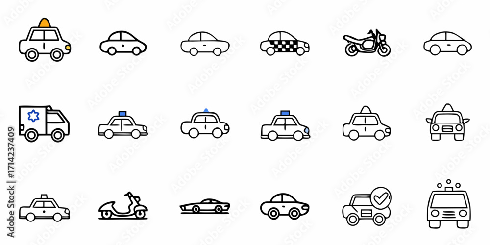 Obraz premium Collection of various vehicle icons including cars ambulances taxis and motorcycles in outline style design