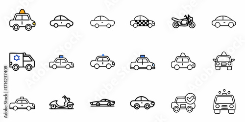 Collection of various vehicle icons including cars ambulances taxis and motorcycles in outline style design
