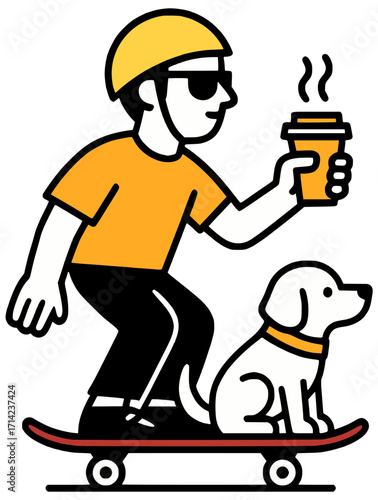 A man on a skateboard with a dog and coffee rides down the street
