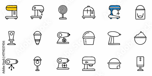 Illustration of various kitchen appliances and other objects in a simple line art style design