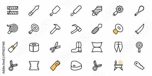 Illustration of various craft and diy tools including cutting tools and measuring instruments icons set