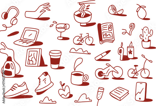 Red set of icons (coffee, bicycle, sneakers, etc.)