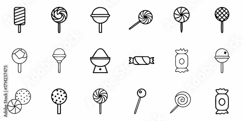 Illustration of assorted candies and lollipops in black and white line art on a white background