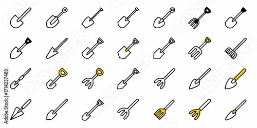 Collection of garden tools featuring various shovels rakes and forks in a vector format illustration