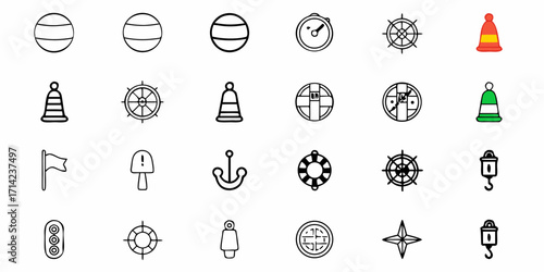 Assorted nautical themed icons including ship wheels buoys and compasses arranged on a white background