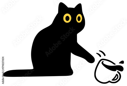 A black cat with yellow eyes paws a mug of coffee