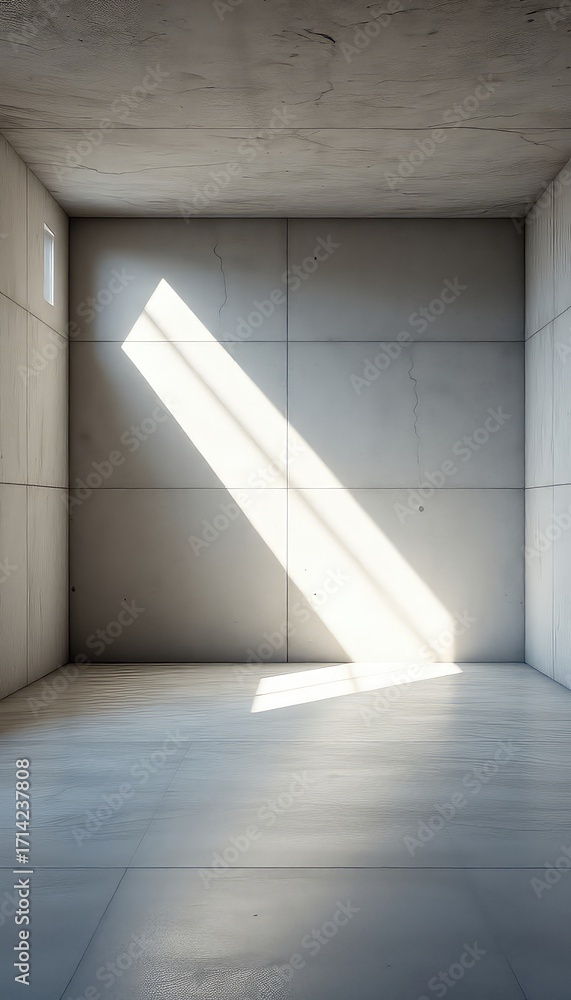 Obraz premium Sunlight Streaks Across a Minimalist Interior, Illuminating the Concrete Walls and Floor with an Abstract Beam of Light