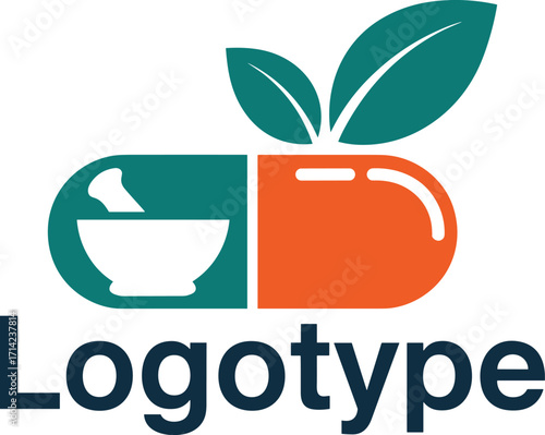 Pill Capsule with Mortar and Pestle and Leaves in Teal and Orange with Logotype Text image