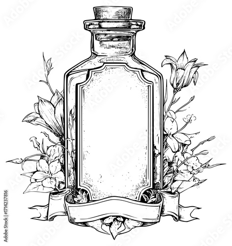 Illustration of a vintage bottle with flowers and leaves