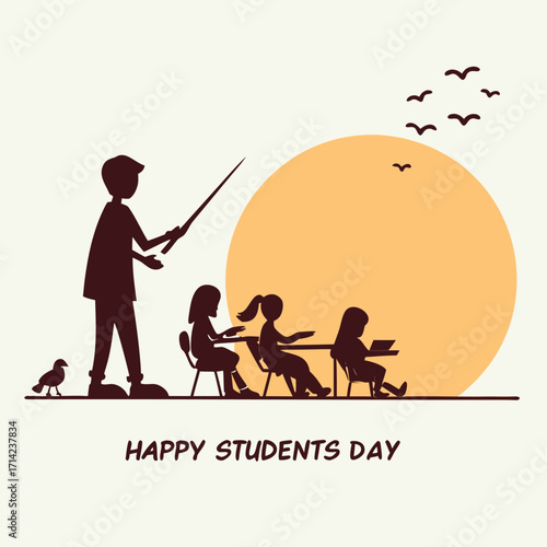 Teacher instructing students in a classroom with a large sun and birds flying learning education