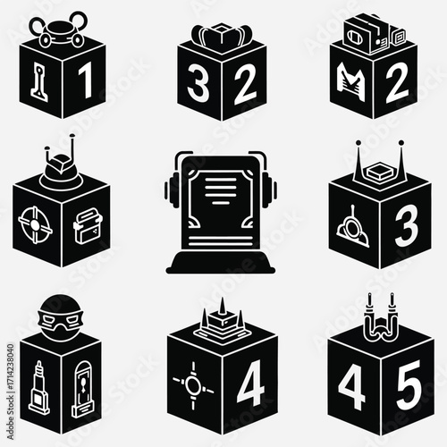 Set of nine black and white icons representing futuristic cubes with numbers and symbols