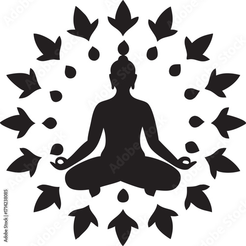 Meditating person silhouette yoga position with floral frame for spiritual wellness
