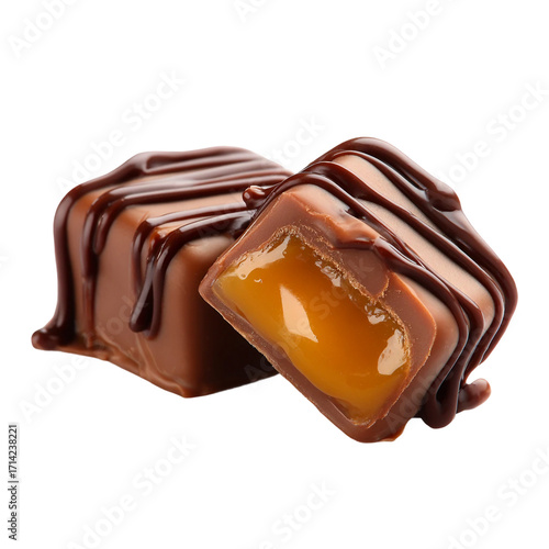  Delicious Caramel Chocolate Candies with Melted Caramel and Rich Chocolate Coating, Sweet Luxury Dessert Confectionery, Ideal for Indulgence isolated on with white background(1)