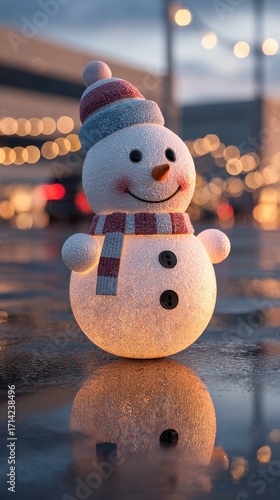 Wallpaper Mural Colorful snowman decoration standing on wet pavement during evening with festive lights in background Torontodigital.ca