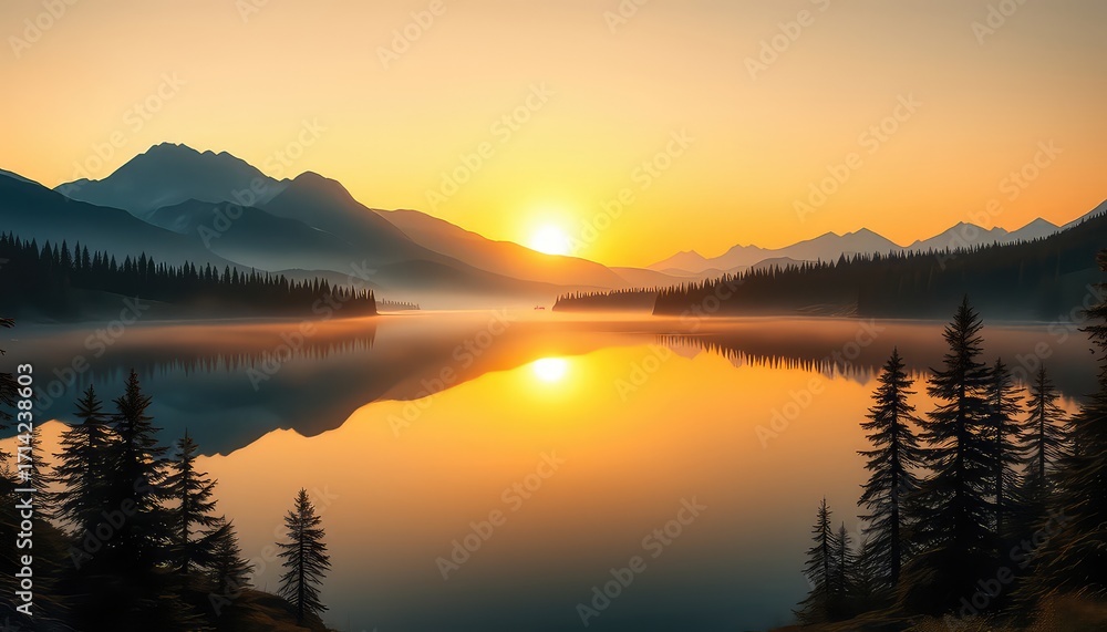 Naklejka premium Tranquil waters reflect the warm, golden hues of dawn as fog gently drifts across a serene mountain landscape