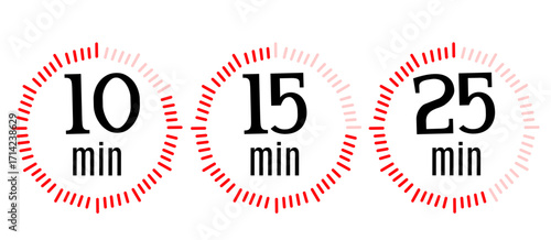Minimalist timer icons showing 10 minutes, 15 minutes, and 25 minutes with circular red progress design. Perfect for productivity apps, countdown timers, workout routines, Pomodoro technique, schedule