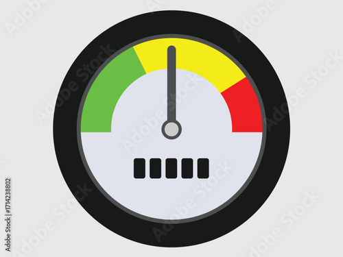 A speedometer or gauge with green, yellow, and red sections, indicating a level or speed.