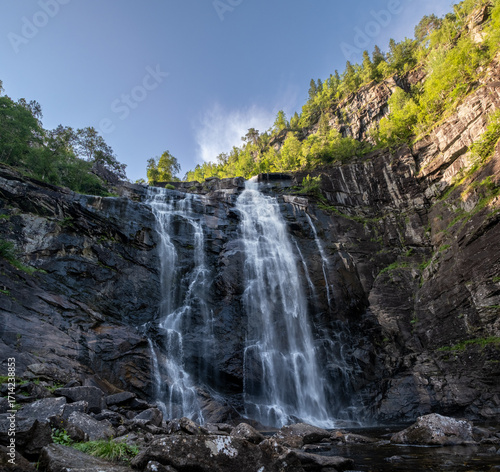 Skjervsfossen, a prominent waterfall located in Voss Municipality, Norway