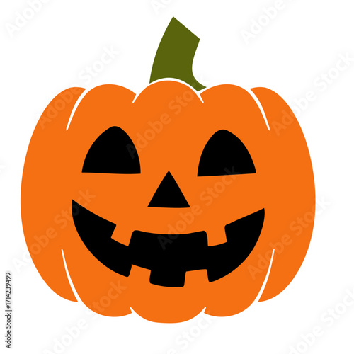 Orange halloween pumpkin with a smiling face and a green stem on a white background illustration