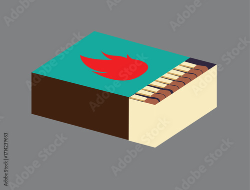 A stylized illustration of a matchbox, partially open, revealing matches inside, with a red flame graphic on the turquoise box top.